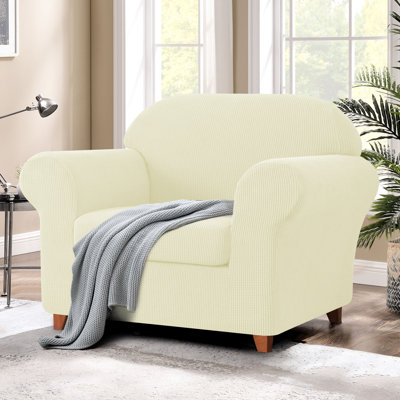 2 Piece Jacquard Sofa Cover, Polyester Spandex Stretch Couch Slipcover for Living Room, Easy Install & Washable Furniture Protection (Armchair, Ivory)