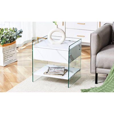 Table de chevet avec beaucoup de rangement - plateau de table, pieds en verre trempé, pratique pour une utilisation quotidienne La conception élégante ajoute de la sophistication à la maison
