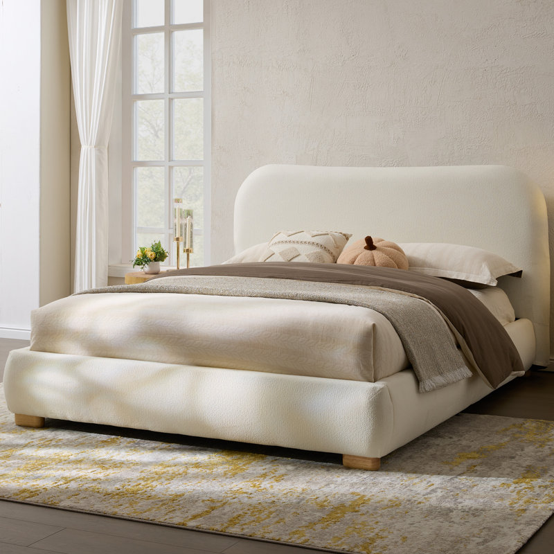 Lit plateforme tapissier moderne avec tête de lit courbée et pied de lit arrondi, Crème, Double