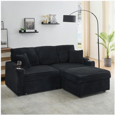 80" Corduroy Multi-Function Sofa With Hidden Reclining, Space Saving Design, Armrests, Cup Holders And Removable Footstool
