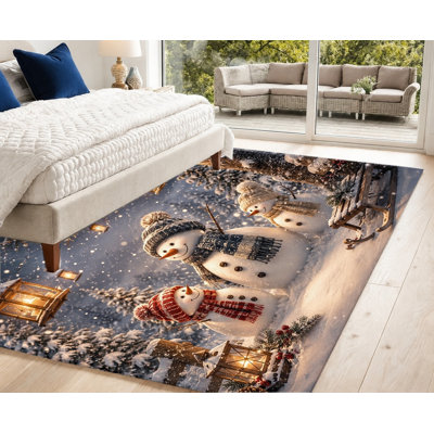 Tapis d'intérieur lavable à la machine sur le thème des bonhommes de neige et du pays des merveilles hivernales, avec envers antidérapant et motif festif de Noël. Décoration intérieure chaleureuse pour le salon, la chambre à coucher, les fêtes de fin d'année ou les dortoirs.