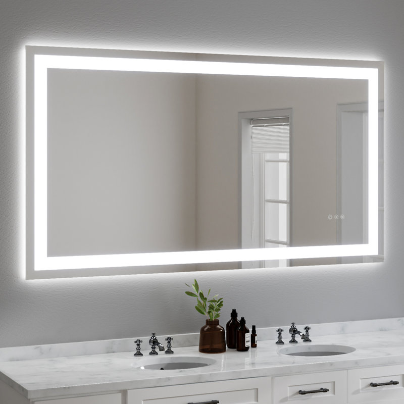 Miroir 24 po x 36 po en verre trempé, système d'éclairage à double DEL, éclairage arrière à l'avant, verre robuste de 4 mm, 3 températures de couleur réglables, gradation de scintillement, fonction de brouillard, flexibilité de montage, tournevis Ul 12v,