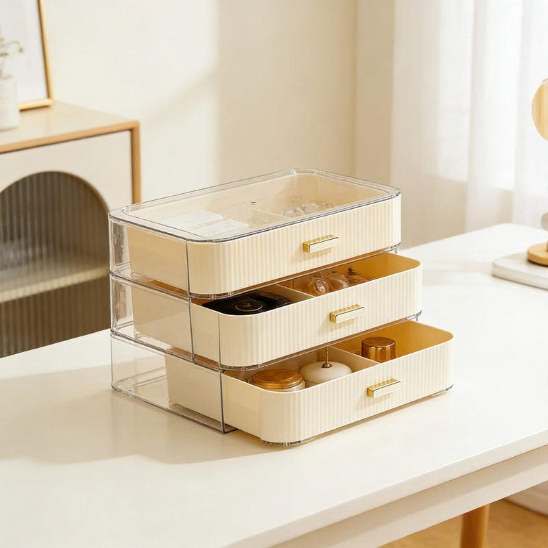 Rangement empilable avec tiroir et plateau supérieur amovible, Beige