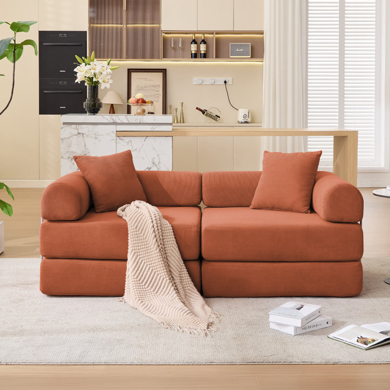 Modular Couch Sofa Bed For Apartment,Convertible Sofa Bed,Fixed-Shape Frame & Removable Armrests,Folding Mattress Couch For Small Spaces ,No Assembly ,Corduroy,Orange