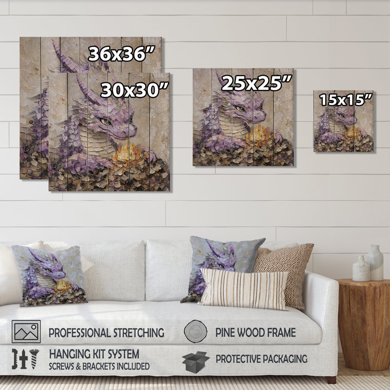 Cute Dragon Den I - Dragons Purple Wood Print On Natural Pine Wood, 15" H x 15" W