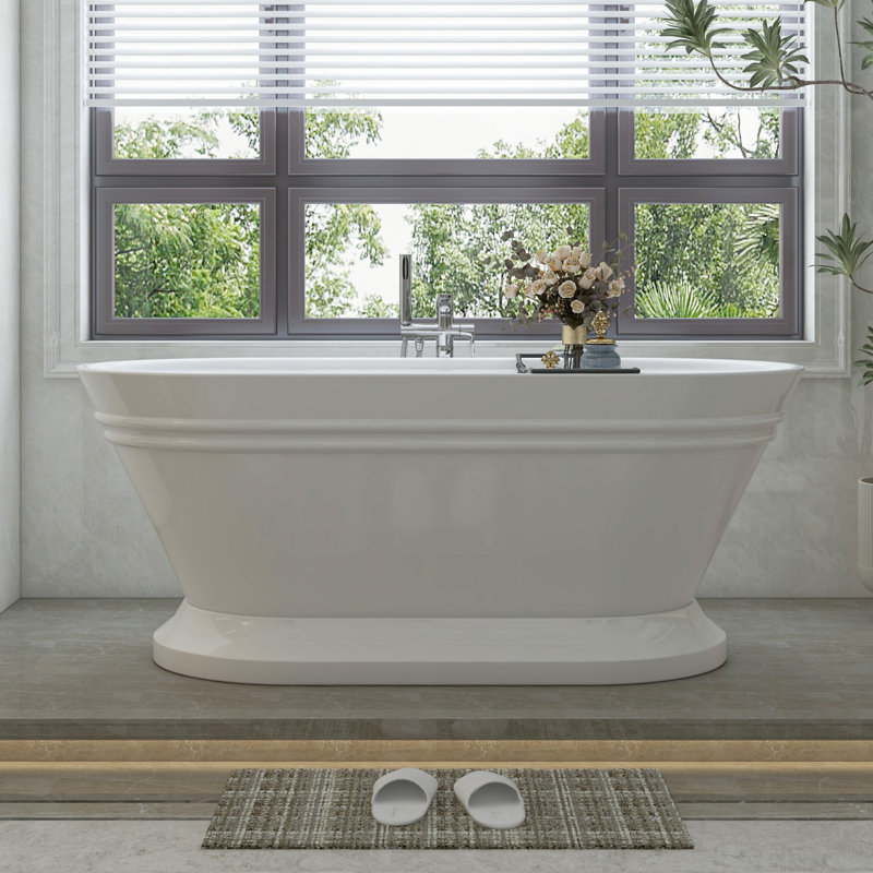 59" x 30" Freestanding Soaking Acrylic Bathtub, White/Brushed Nickel
