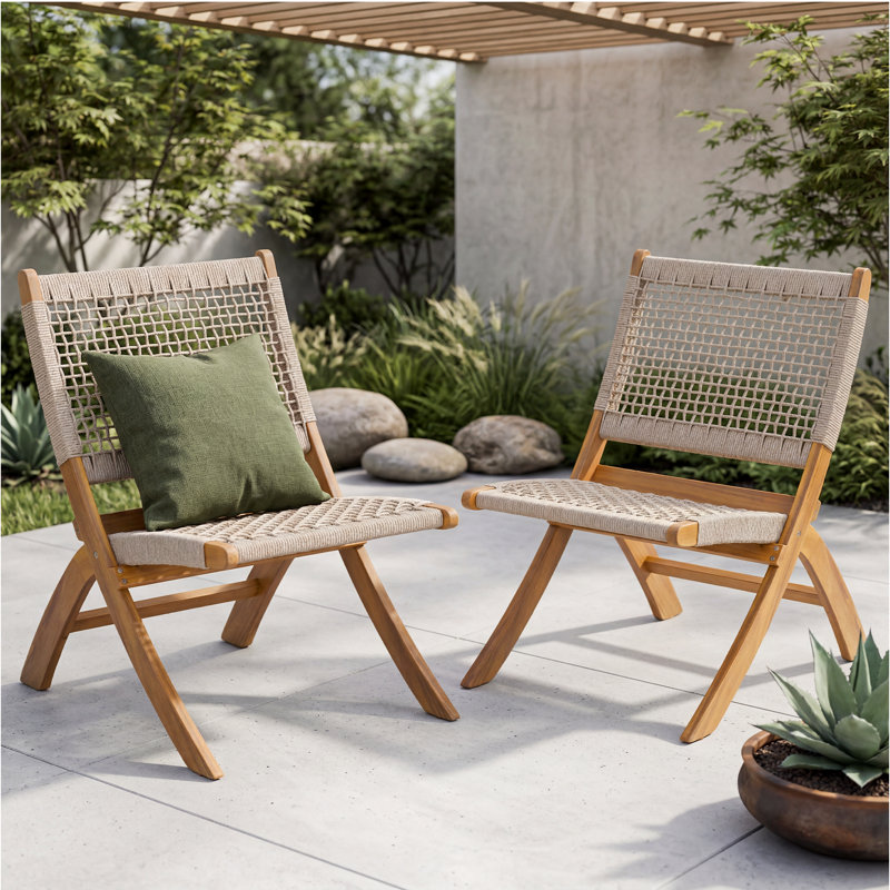 Chaises d'extérieur en bois Solana avec dossier tissé, niveleurs réglables, résistance aux UV et aux intempéries 2000 heures