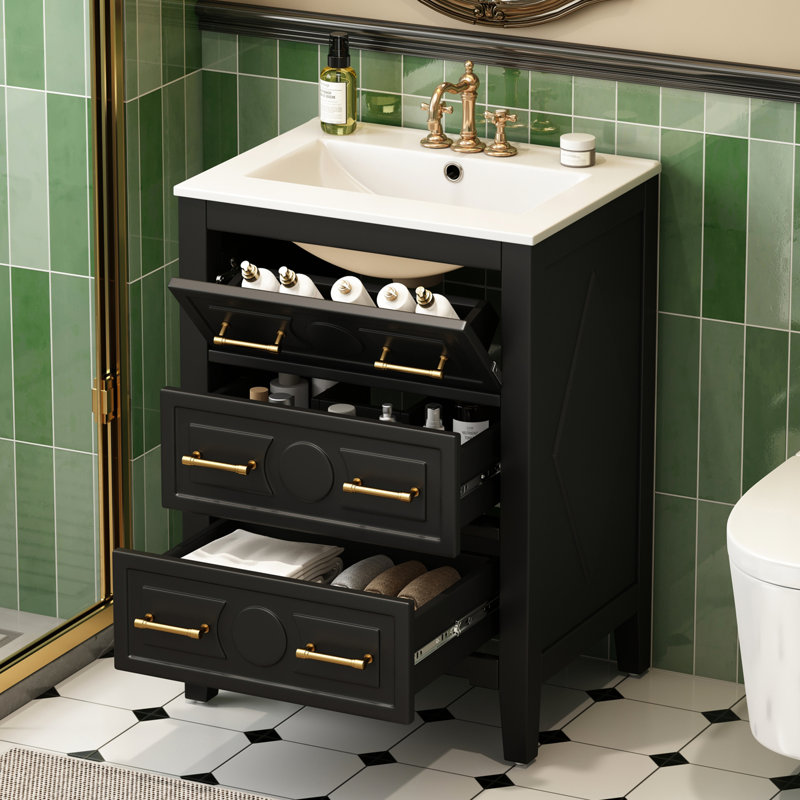 Meuble-lavabo de salle de bain 24 po avec lavabo en céramique Retro, Black