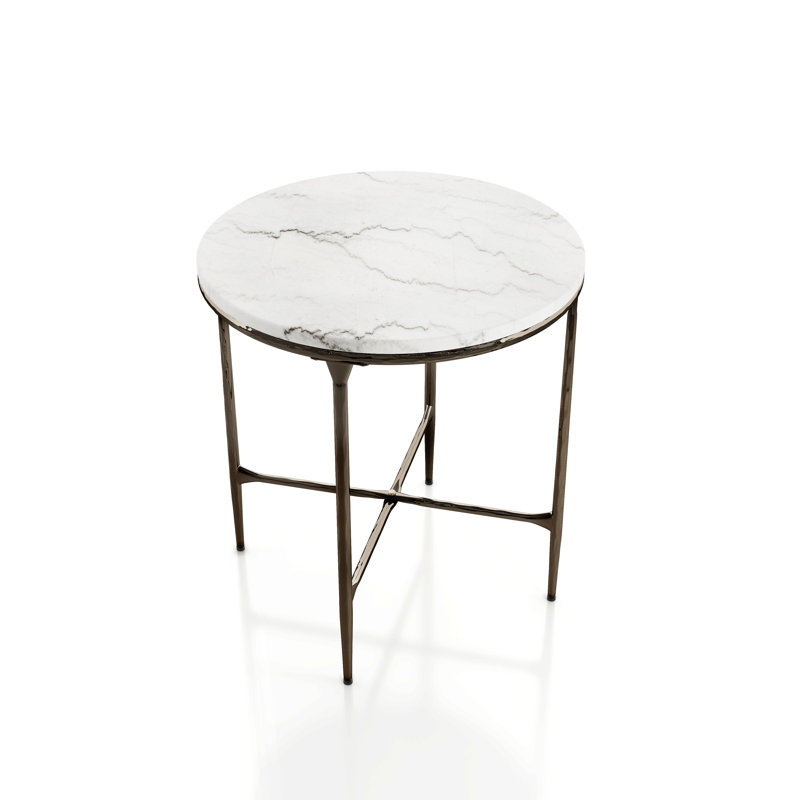 Aureum 22"W Round Genuine Marble End Table with Hammered Metal X-Brace