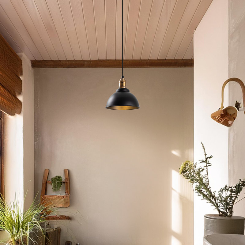 Luminaire suspendu simple en métal à hauteur réglable avec capuchon en métal, Noir / antique
