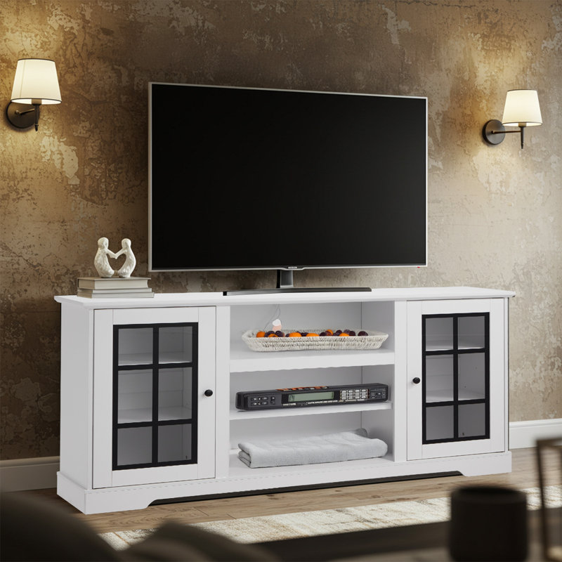 65" Modern TV Stand for 70" TVs, Entertainment Center with RGB LED Lighting, Power Outlets, & Glass Door Storage Cabinet, Adjustable Shelves, White