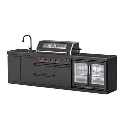 Îlot de cuisine d'extérieur modulaire 3 pièces VESTIVium - Barbecue au gaz à 6 brûleurs, évier et rangement, 4,1 pieds Pi. Réfrigérateur à double porte, comptoir en granit noir Galaxy, acier inoxydable noir (LP)