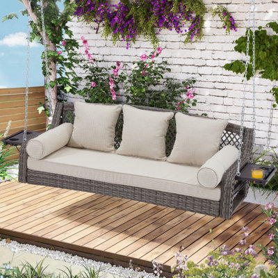 3 Seat Porch Swing, Wicker Patio Swing With Cup Holders & 3 Back Cushions, Yard Swing With Chains For Deck Garden Backyard,Grey Double Ribs Rattan, Cushion,56-Inch