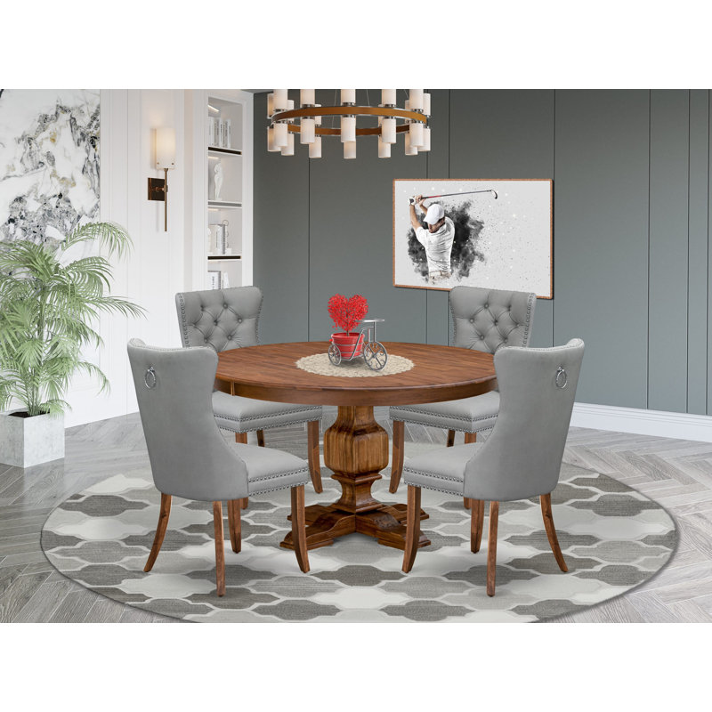 L'ensemble de salle à manger 5 pièces Mid Century comprend une table ronde et 4 chaises Parson en polyester gris clair avec dossier capitonné, noyer antique