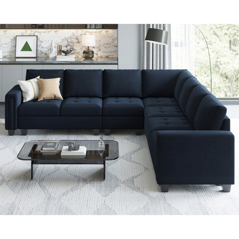 Canapé modulaire en L en bois massif de 6 pièces Shavera, Velours bleu