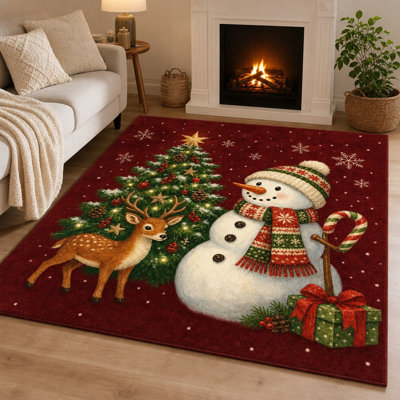 1Pcs Christmas tree snowman reindeer design - washable and easy to clean, large thin rug, non-slip backing, suitable for living room, bedroom, kitchen, office indoor use for home detor