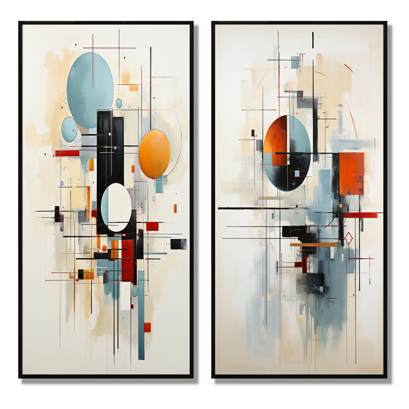 «Beige Blue Suprematism Geometric Explorations», 2 pièces, Cadre noir, H 24 po x l 20 po