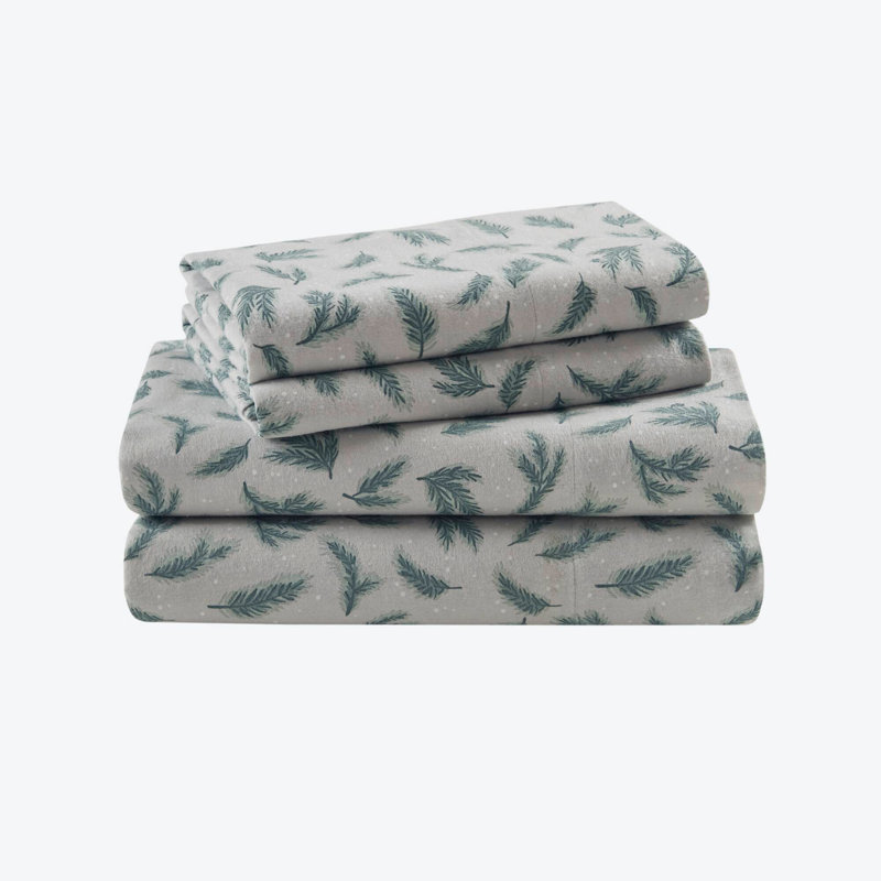 4 Pieces King 100% Cotton Flannel Printed Sheet Set,Pine Branches, King Coverlet / Bedspread