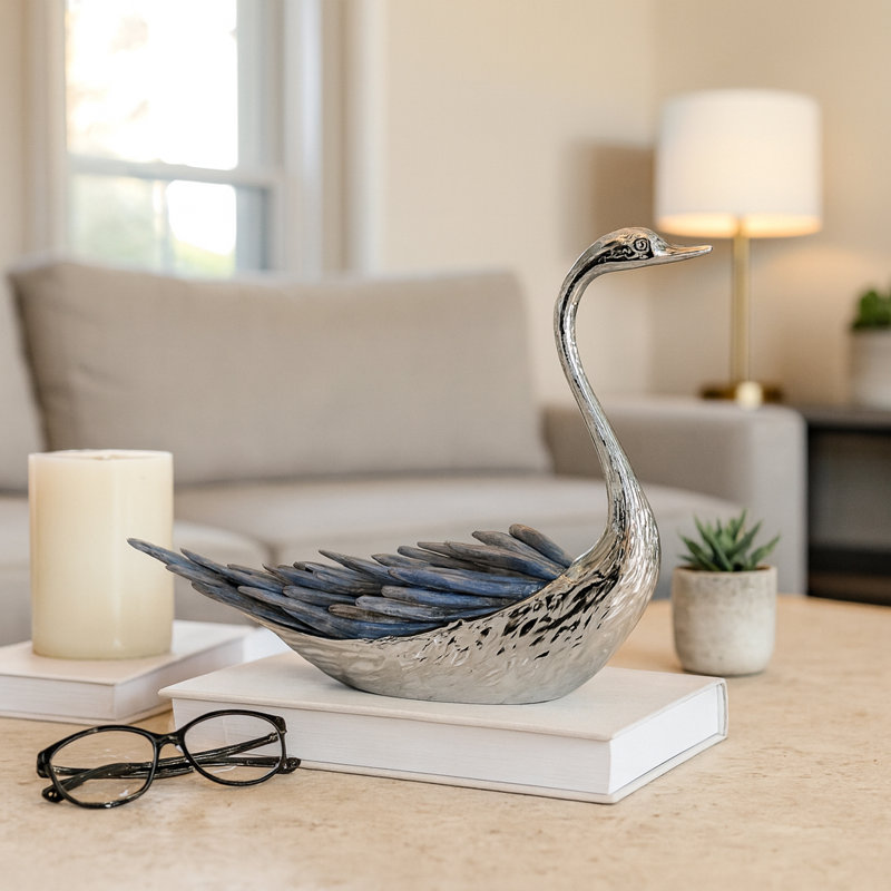 Sagebrook Home 6" Majesty Blue Kyanite Stone Sitting Metal Swan, 6.25" H x 7.75" W x 3" D
