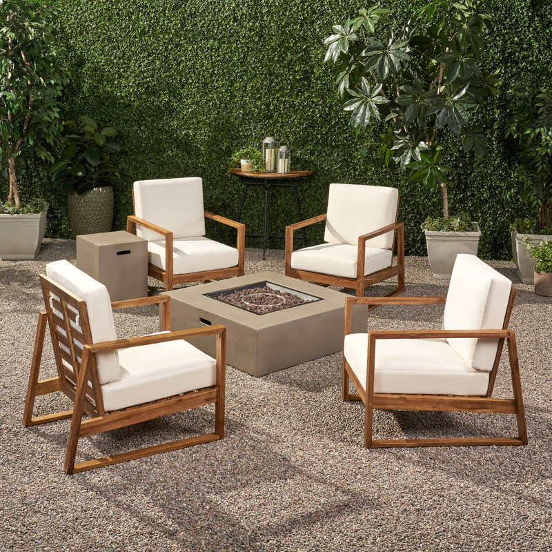 Acacia 4 - Person Patio Conversation Set with Cushions, Teak/Light Gray Frame / Beige Cushion