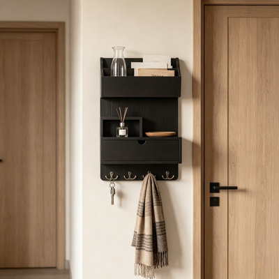 Wood Key Holder Wall Mount with Drawer and Hooks, Farmhouse Entryway Organizer with Shelf and Mail Slot