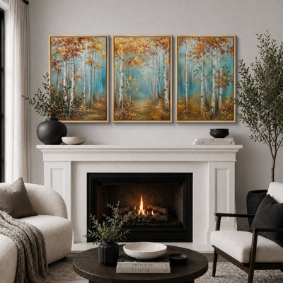 «Autumn Birch Forest Landscape», art de salon, impression sur toile encadrée, 3 pièces
