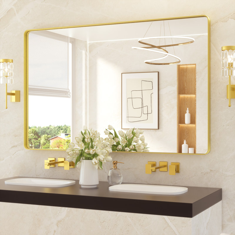 Miroir de salle de bain plombier en aluminium incassable et résistant à la rouille , Or brossé, 40 po x 60 po, Rectangulaire