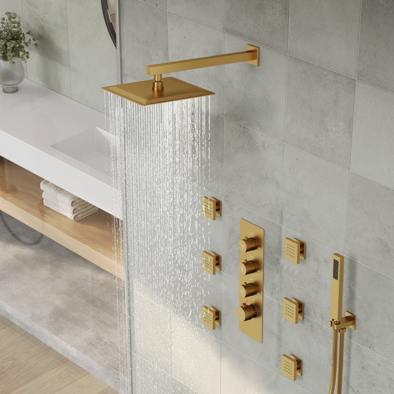 Thermostatic Shower System, 12" High-Pressure Rainfall Shower Faucet with Rough-in Valve, Brushed Gold