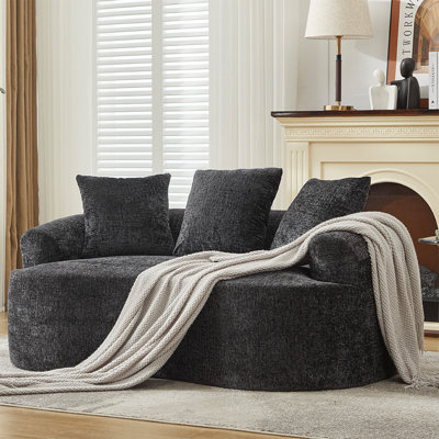 60" Black Chenille Curved Loveseat, No Assembly, Deep Seat with 3 Pillows