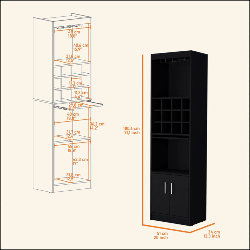 Black Bar Cabinet With Wine Storage, Black