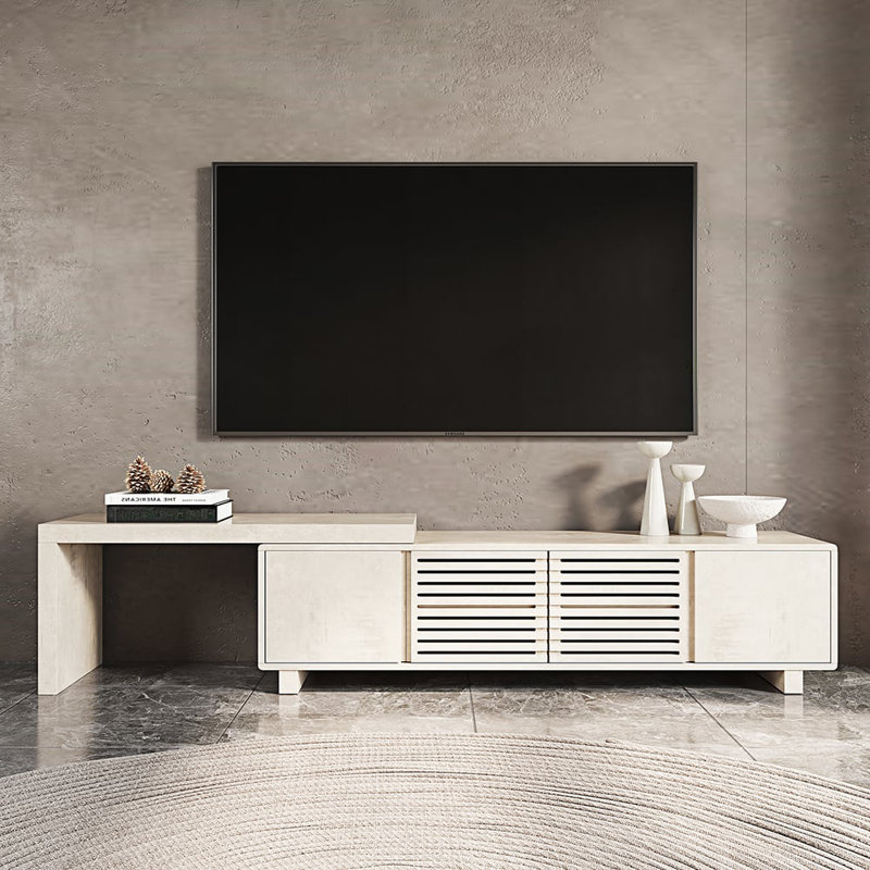 Japandi Retracted & Extendable Tv Stand With 4 Shelves Up To 85", White