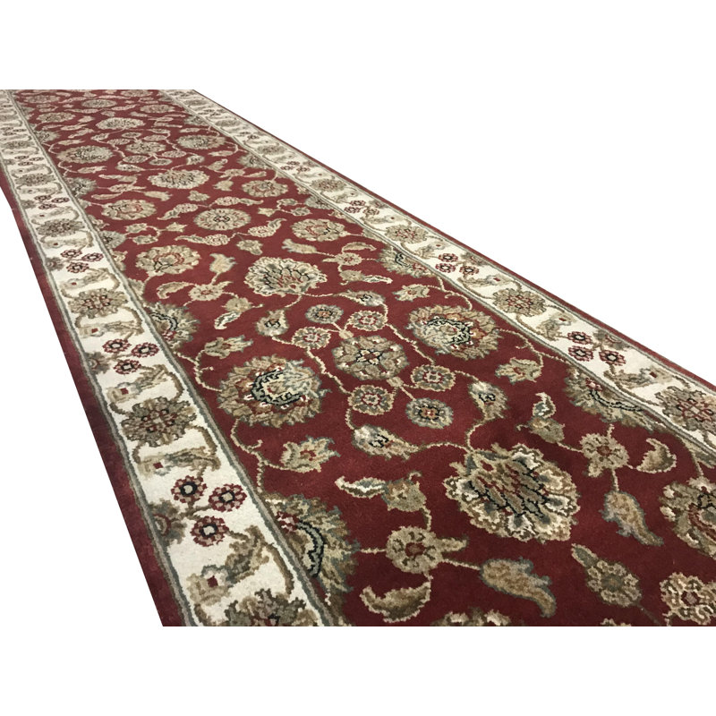 Hand-Knotted High-Quality Red and Ivory Runner