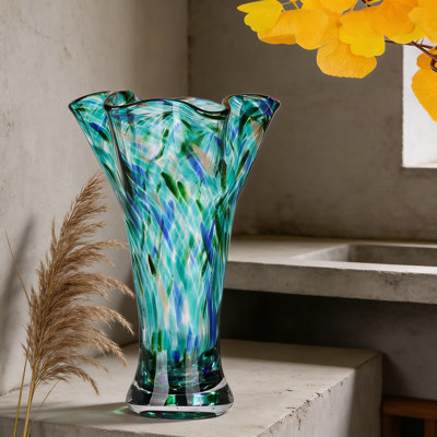 Hand-Blown Glass Vase For Flowers, Unique Wide Mouth Petal-Shaped Decorative Vase, Translucent Teal Art Glass Centerpiece For Home And Office Decor