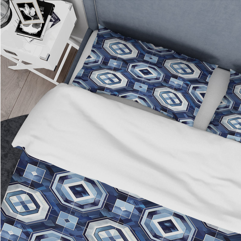 Ensemble de housse de couette moderne bleu et blanc octogone, Housse de couette très grand et 2 très grandes t