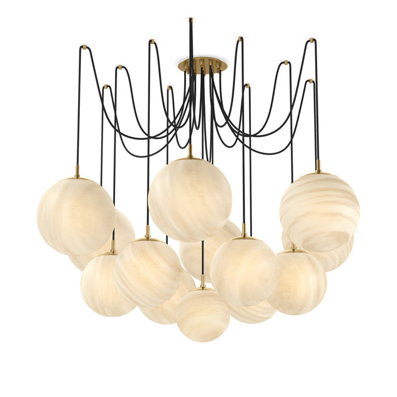 Spider 13 - Light LED Chandelier, Marbled Matte Glass, Burnished Brass