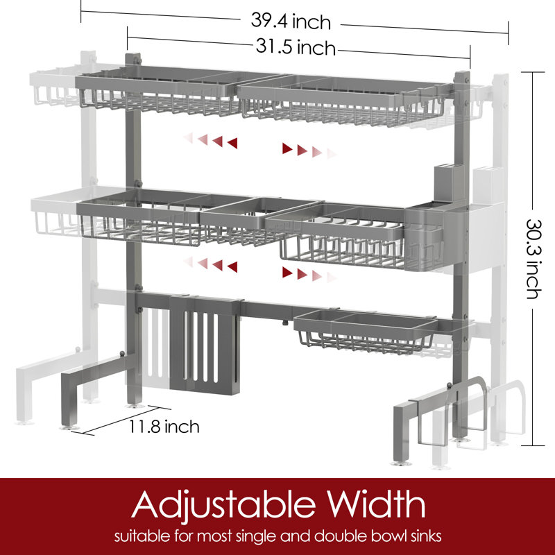 Over The Sink Dish Drying Rack - Adjustable 3 Tier XX-Large Capacity Stainless Steel Drainer with Cutlery & Utensil Holders, Kitchen Storage & Organization, 31.5"-39.5"L x 12"W x 30.5"H, Gray