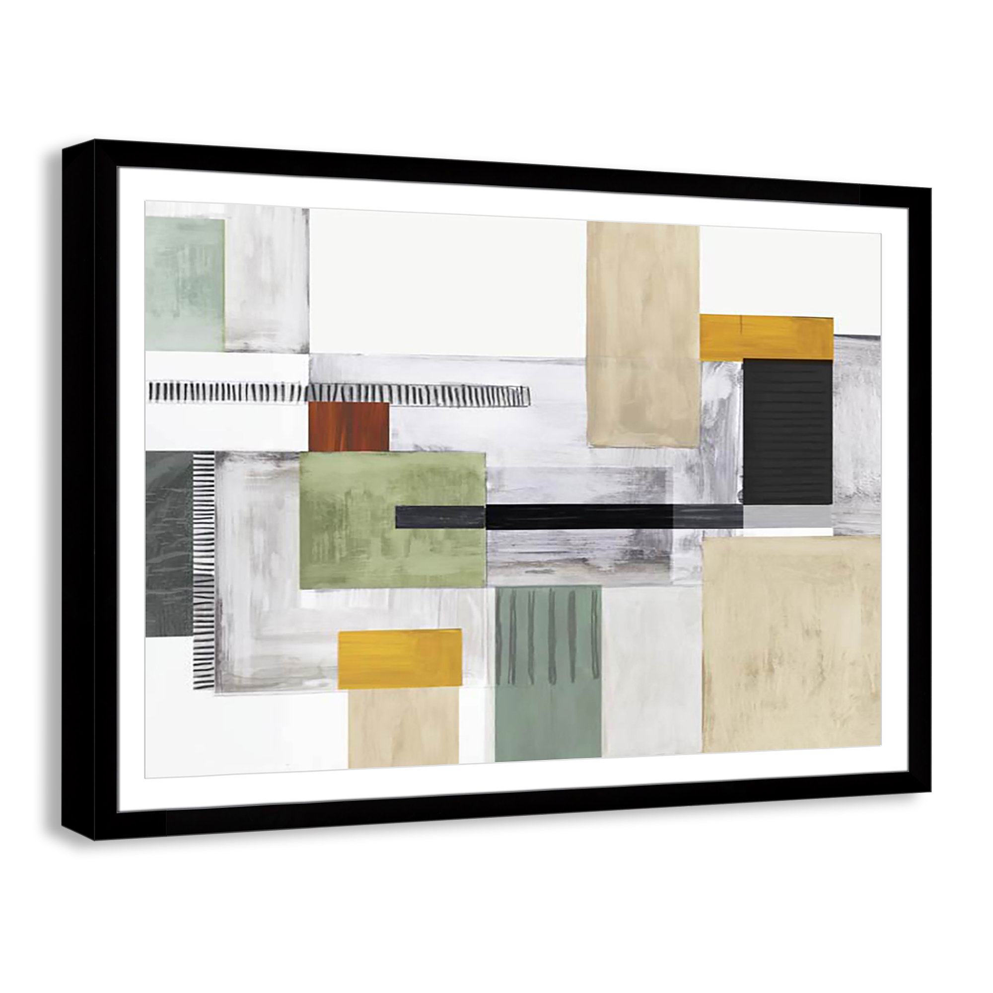 Playful Blocks by Tom Reeves, White, Black Cube Picture Framed, 39" H x 55" W x 1.25" D