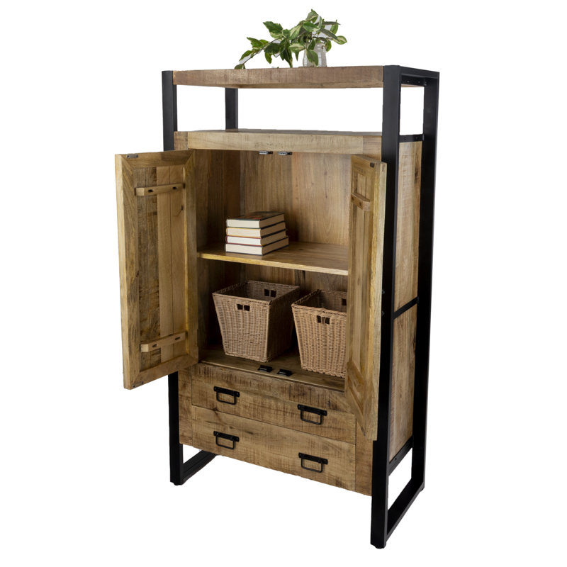 Armoire de rangement industrielle 63 po en bois de manguier massif et cadre en fer avec deux tiroirs