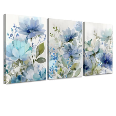 Tableau mural sur toile tendue à l'aquarelle florale bleue (ensemble de 3)