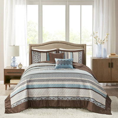 Courtepointe bleue / grand, 5 pièces avec coussins, motif, revers de couleur unie, jeté réversible froissé, motifs géométriques et tissu