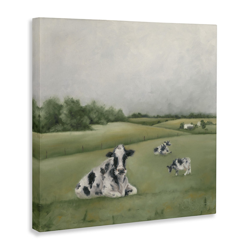 Vaches laitières broutant - peinture sur toile, H 24 po x l 24 po