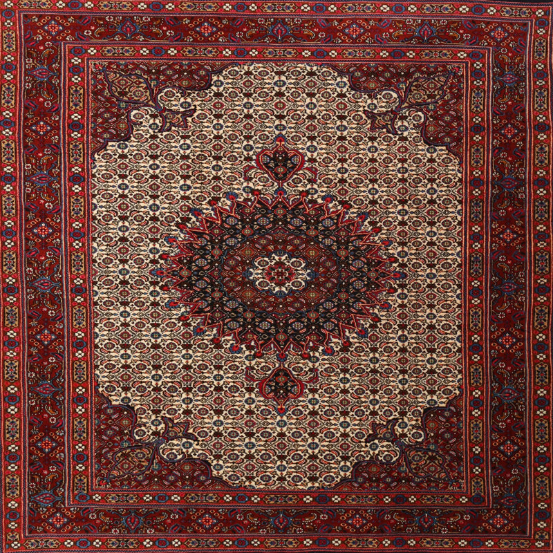 Tapis rouge/beige/noir traditionnel, Carré 6 pi