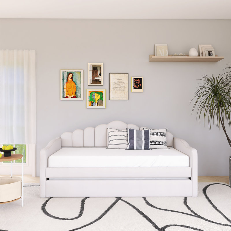Twin Size Upholstered Daybed With Trundle ,Velvet Sofabed With USB Charging Ports, Beige