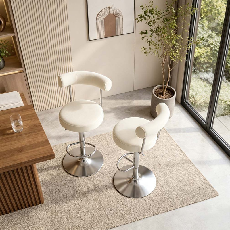 Chaise de bar pivotante rembourrée en velours doux, Off White+Silver