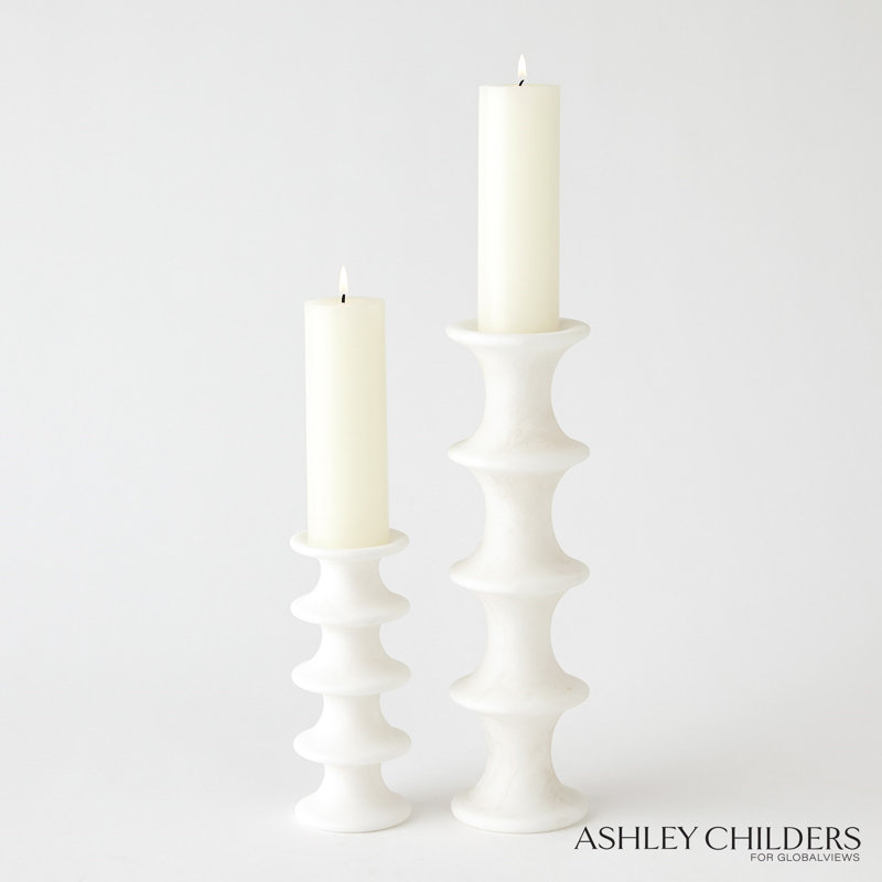 Ridge Alabaster Candlestick-Lg, 7.25" H x 3" W x 3" D, White