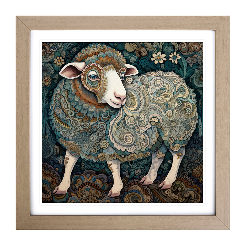 Sheep Paisley - Single Picture Frame Print on Wood, Oak