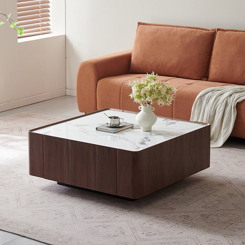 Table basse Mid-Century en noyer Rockboard, H 13,8 po x L 35,4 po x l 35,4 po, Blanc/Noir