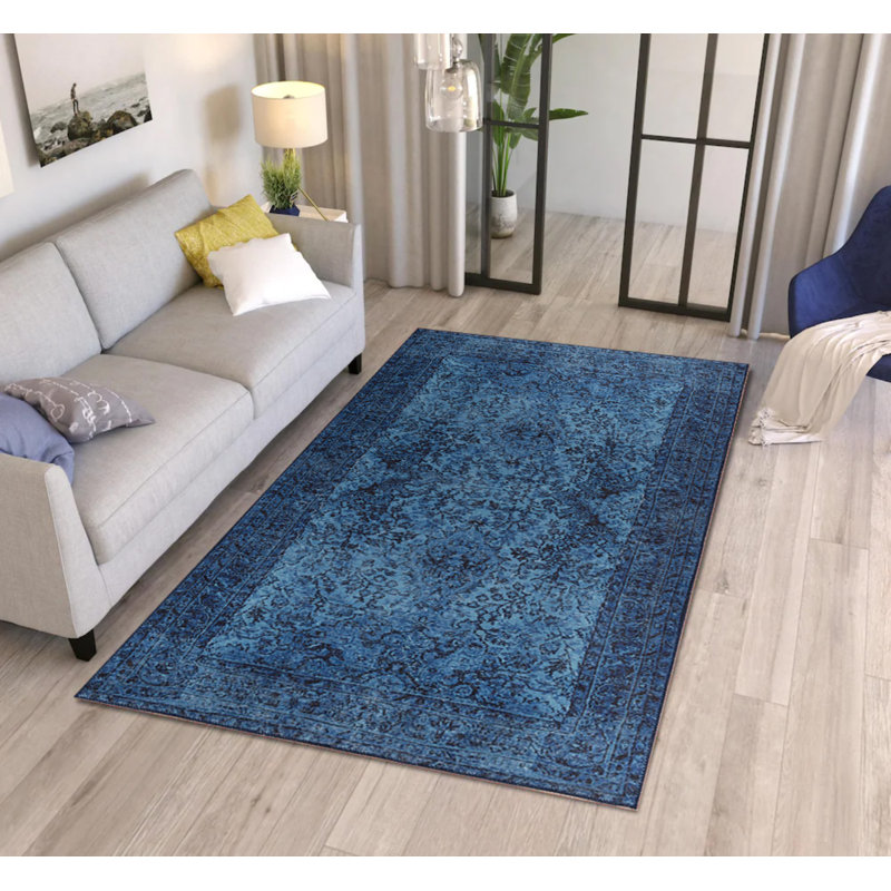 Tapis décoratif bleu marine à motif oriental rétro, Rectangle 9 pi 11 po x 13 pi 2 po