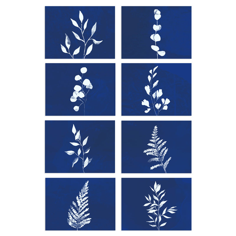 White On Cobalt Blue Foliage Simple Watercolour Leaf Botanical - 8 Piece No Frame Print Set, 29.7cm H x 21cm W x 0.4cm D