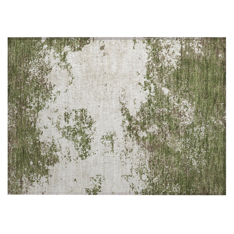 Olive and Off-White Rectangular Washable Synthetic Rug
